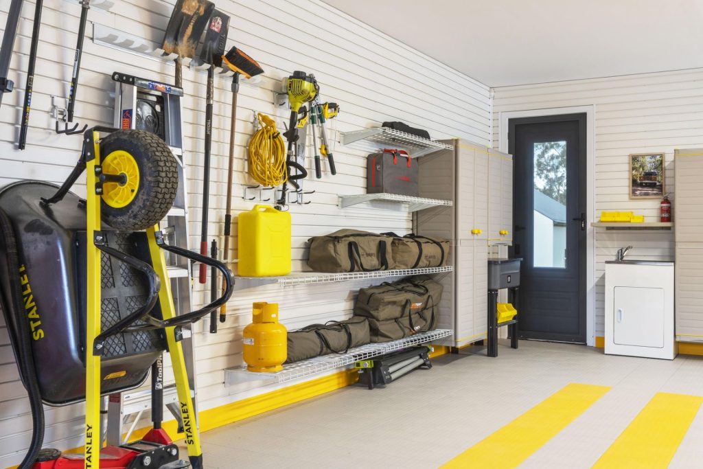 garage that has been renovated with storage solutions